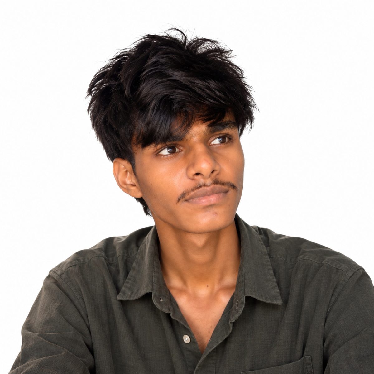 Portrait photo of Plert Ankush looking to the side on a white background